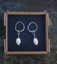 Textured Oval Silver Earrings with Freshwater Pearl Drop - Image 5
