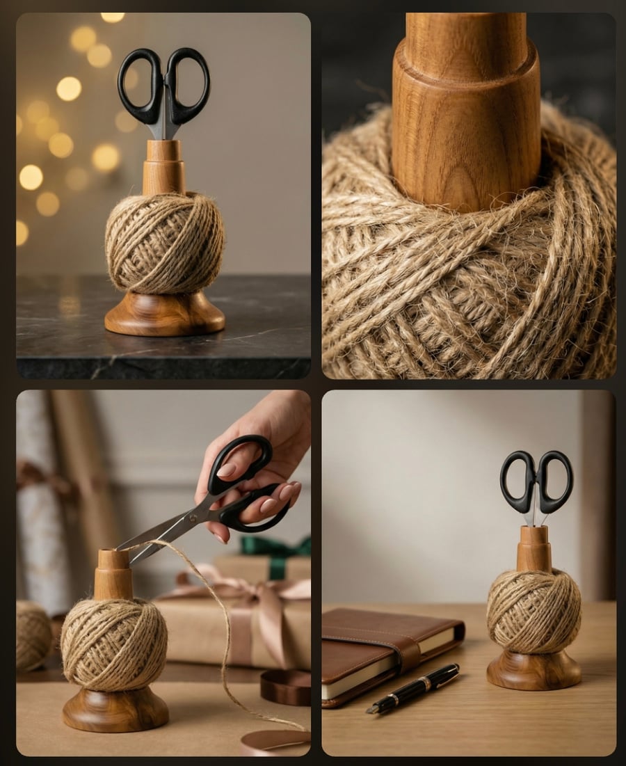 Cherry wood twine and scissors holder 