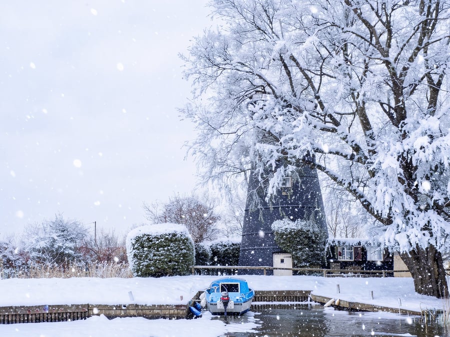 Windmill & Boat Norfolk Broads Winter Norfolk Christmas Greeting Card A5