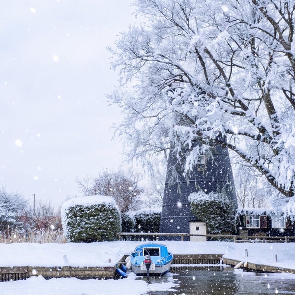 Windmill & Boat Norfolk Broads Winter Norfolk Christmas Greeting Card A5