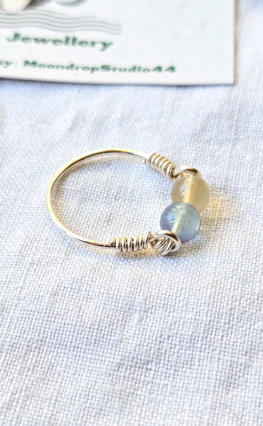 Handmade Sterling Silver Ring with Yellow & Teal Fluorite - Gift for Virgo, UK N