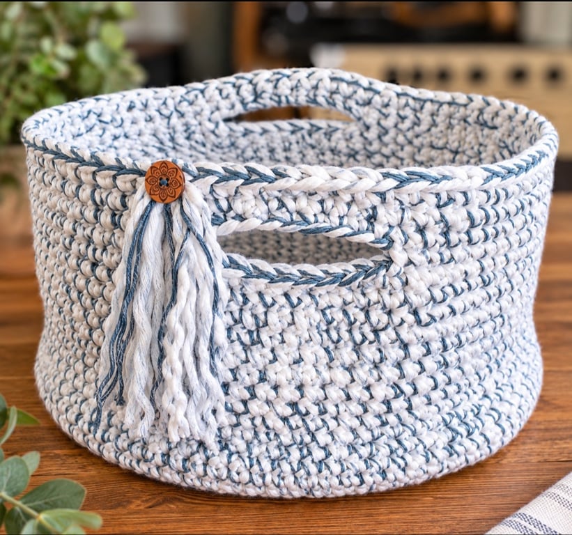Handmade Crochet Storage Basket. Large Blue and White Yarn Basket With Handles