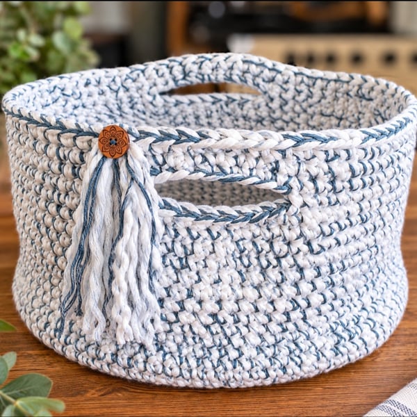 Handmade Crochet Storage Basket. Large Blue and White Yarn Basket With Handles