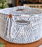Handmade Crochet Storage Basket. Large Blue and White Yarn Basket With Handles - Image 1