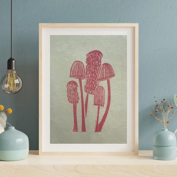 Mushroom Linoprint: Hand-Burnished Fungi Art Print on Lokta Paper