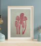 Mushroom Linoprint: Hand-Burnished Fungi Art Print on Lokta Paper