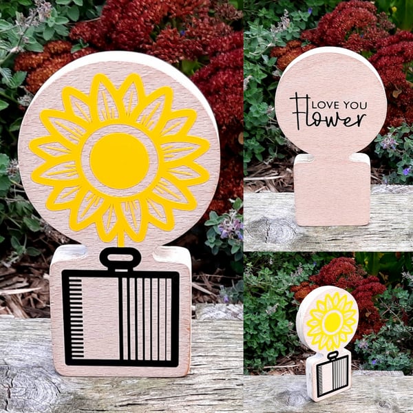 Black Yellow Sunflower Love You Flower Ornament Handmade Wood Scandi Hygge Decor