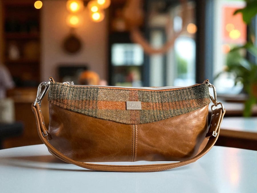 Elland - Tan Leather & Tweed Bag - East West Handbag - Sustainable Fashion