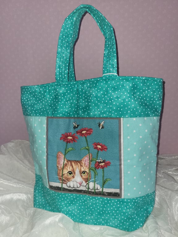 Cat shopping bag ginger cat with flowers tote bag 