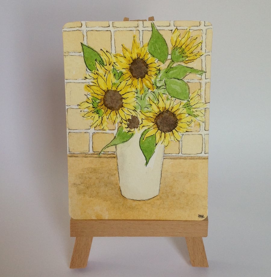 'Sunflowers in the Kitchen' ACEO original watercolour