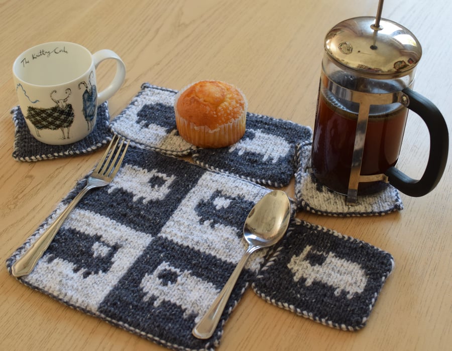 Knitting Pattern for Sheep Coasters and Table Mat.  Digital Pattern