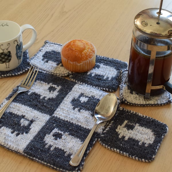 Knitting Pattern for Sheep Coasters and Table Mat.  Digital Pattern