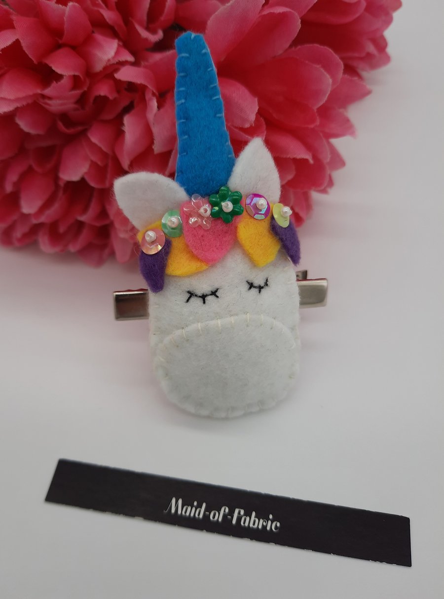 Unicorn hair slide clip with blue horn. Free uk delivery. SALE 