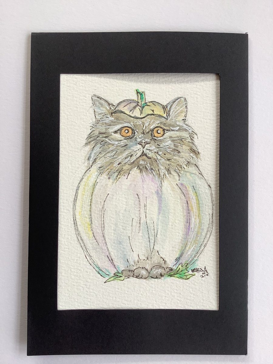 Ghost Pumpkin Cat Mounted Ink Illustration 