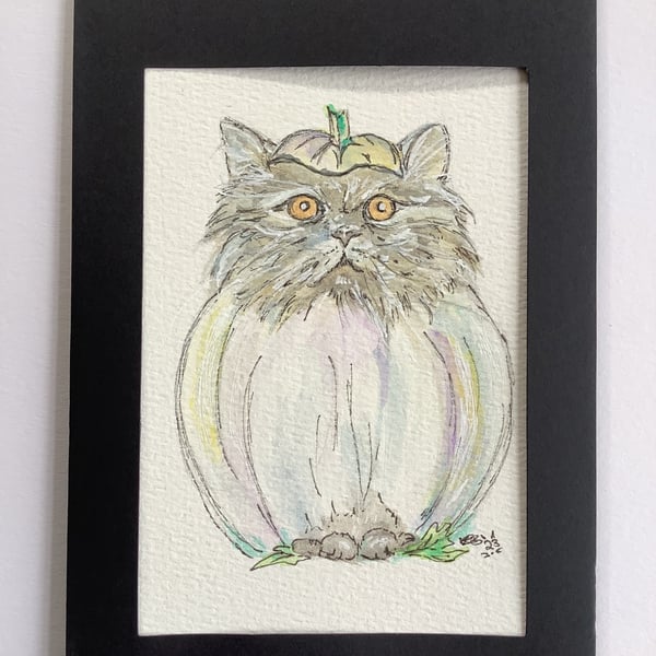 Ghost Pumpkin Cat Mounted Ink Illustration 
