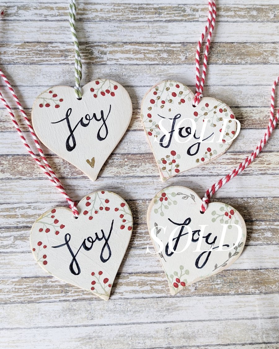 Hand Painted Wooden Heart Hanging Decoration 'Joy'