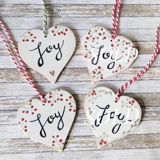Hand Painted Wooden Heart Hanging Decoration 'Joy'