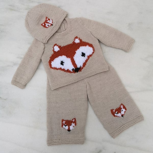 Fox Knitting Pattern for Baby sweater trousers and hat outfit (Digital)