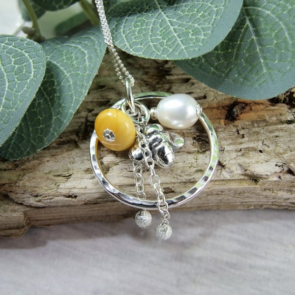 Sterling Silver Bee Charm Necklace with Yellow Amber and Pearl