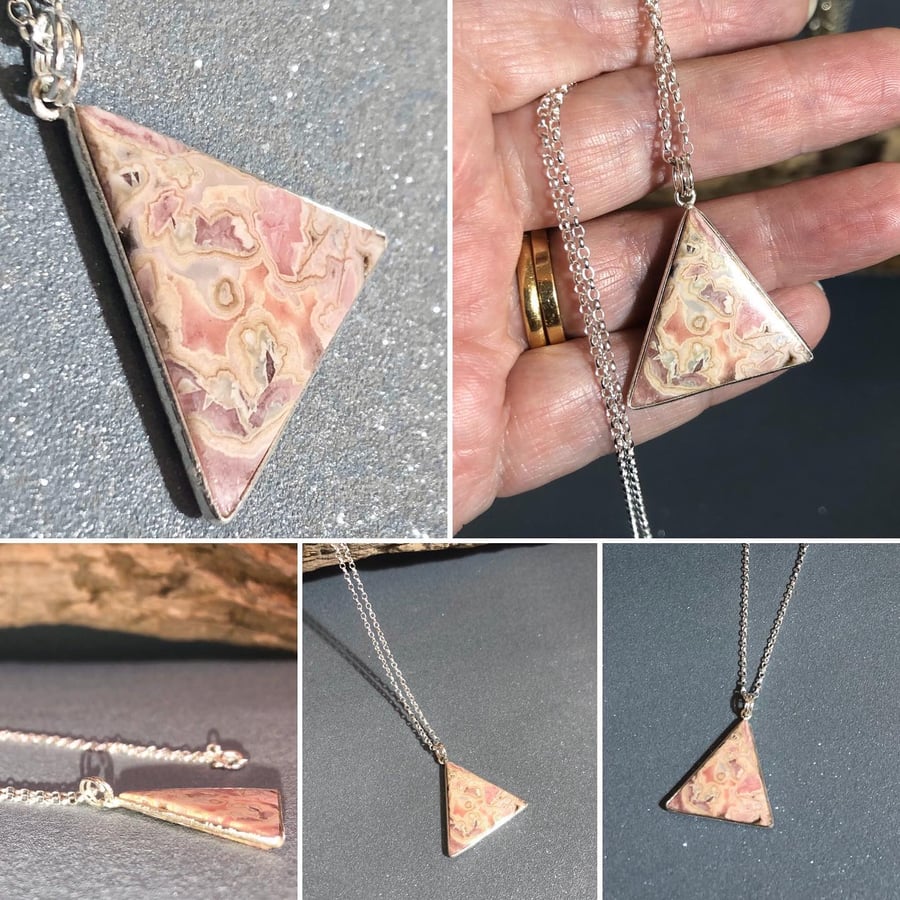 Triangular Natural Rhodochrosite gemstone Pendant 18" belcher sterling silver