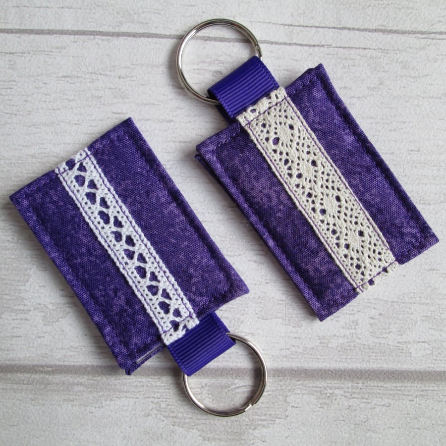 Pair of Keyrings or Bag Tags in Amethyst Purple with Lace Trim, Luggage Tags