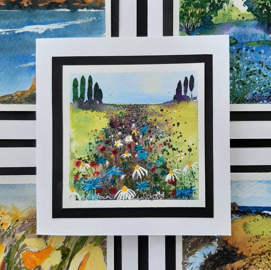 Beautiful Card. Floral Handpainted Notelet Of Wild Blue Cornflowers In A Meadow