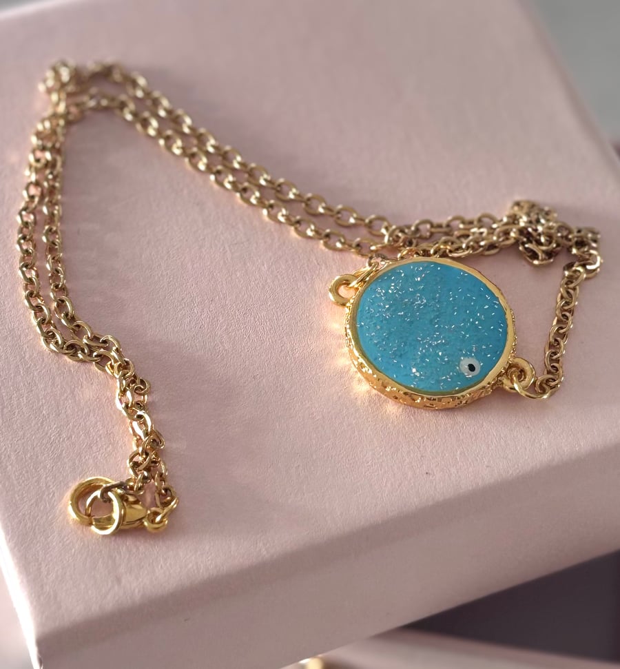 Gold Plated necklace, with Turquoise Glittering Evil Eye. 