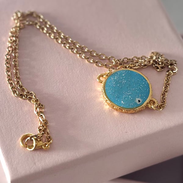 Gold Plated Necklace with Sparkling Blue Centre Connector