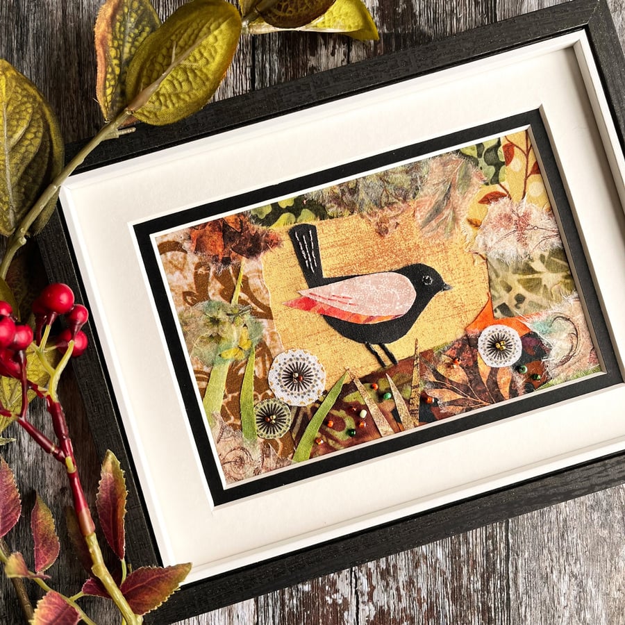 Mixed media collage of bird, gift for bird lover, nature lover, textile art, 