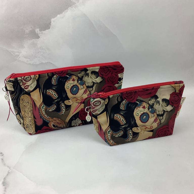 Day of the Dead makeup bag, Gothic zip bag, 2 options, Handmade