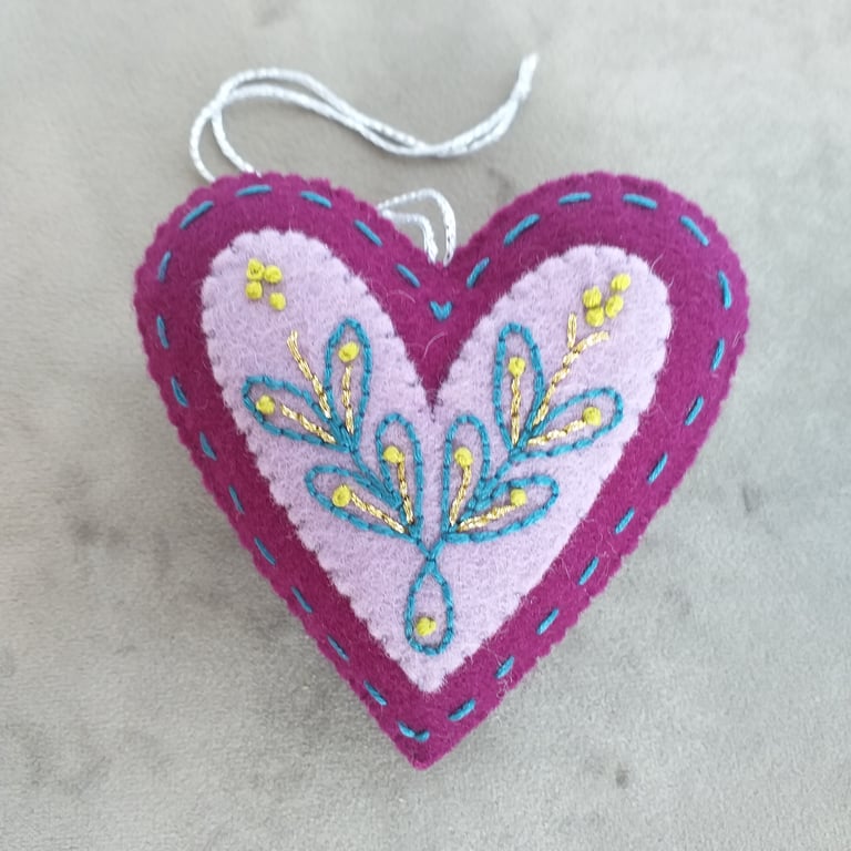 Wool Felt Heart, Embroidered Heart Ornament