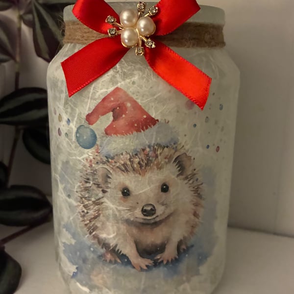 Hedgehog Christmas light jar 