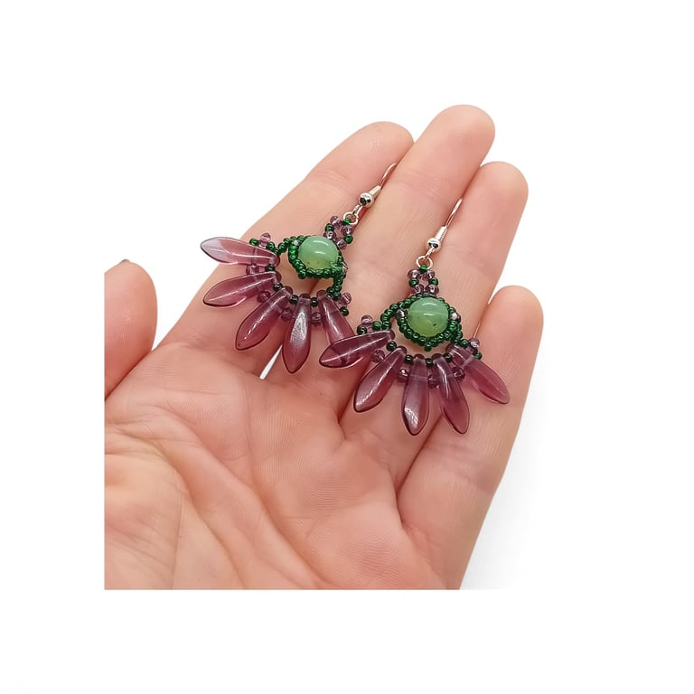 Green and purple dagger bead warrior dangle earrings