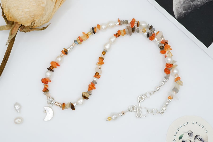 Celestial sterling silver carnelian and freshwater pearl gemstone necklace 