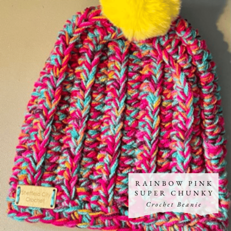 Hand Crocheted Rainbow Pink Super Chunky Beanie In Adult Size