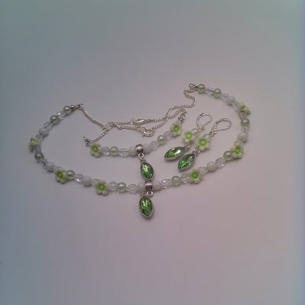 Green and White Bead Floral Jewellery Set with Green Crystal Drops, Gift for Her