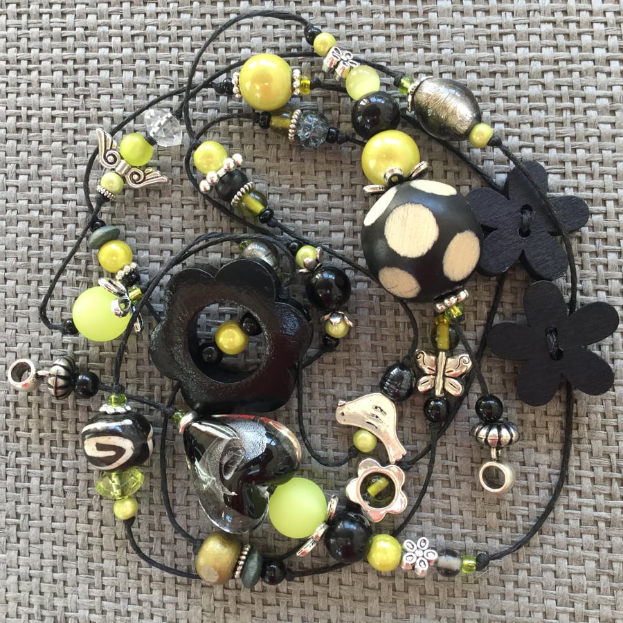 “Lime & Black” Hotchpotch lariat necklace
