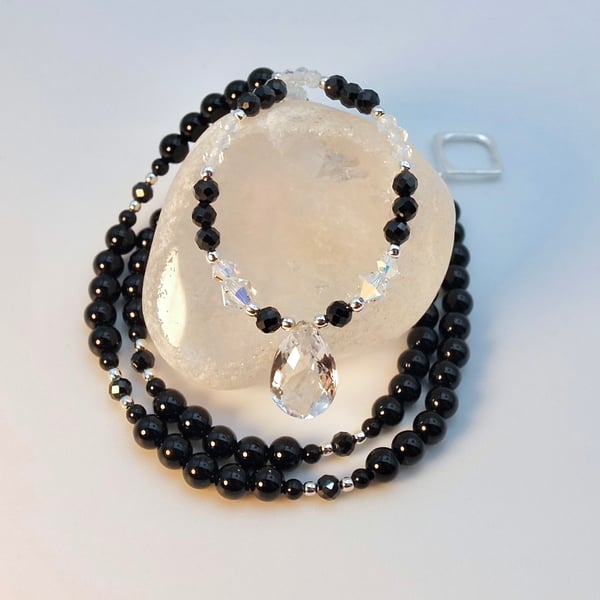 Quartz Teardrop, Spinel & Onyx Necklace, Birthday, Anniversary, Gifts For Her