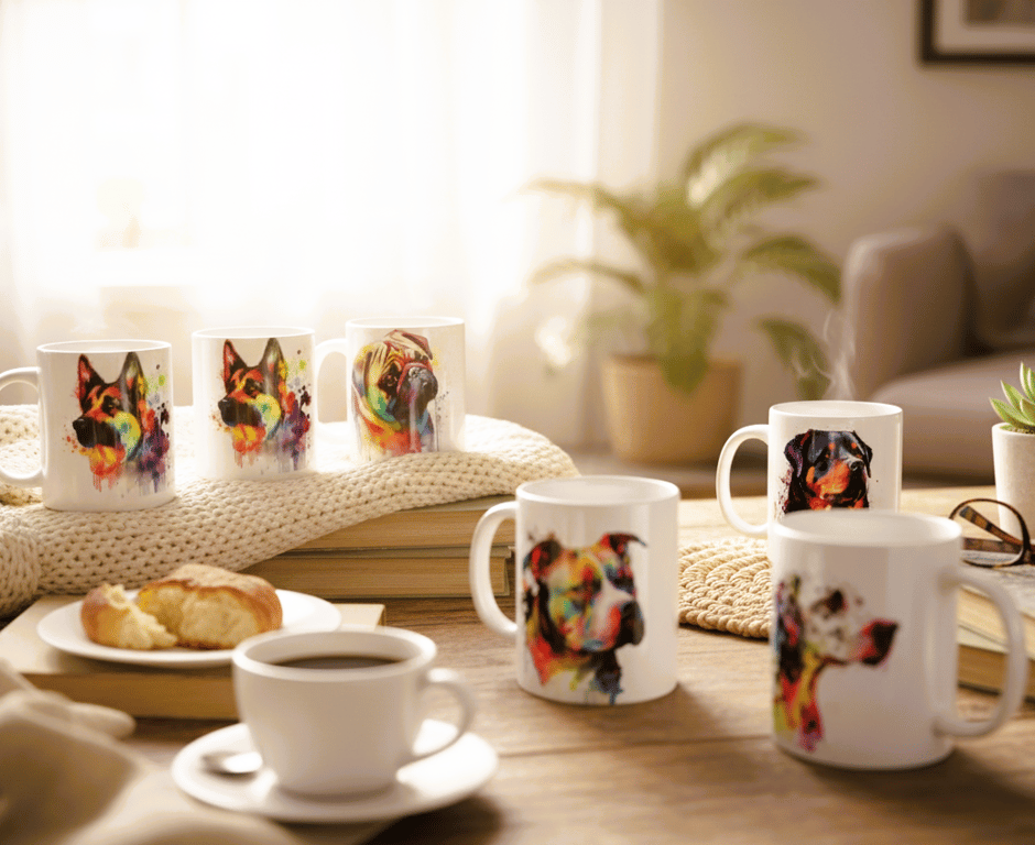 Mugs, various Dog breeds in colour splash style