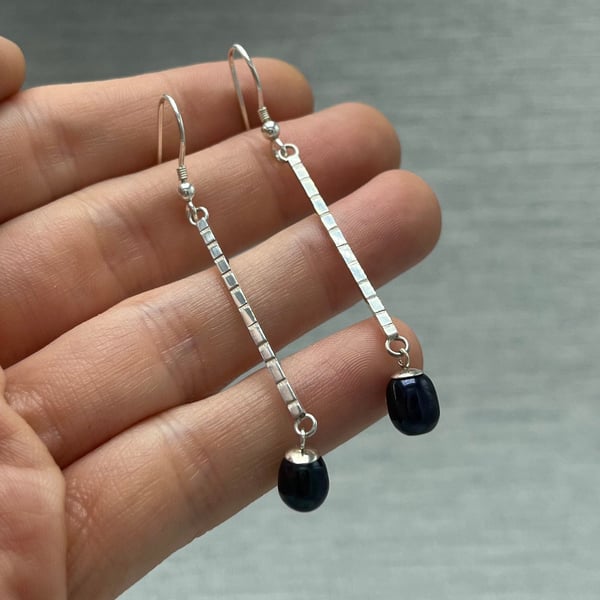 Petrol Blue Stripe Drop Earrings - Handmade, Sterling Silver
