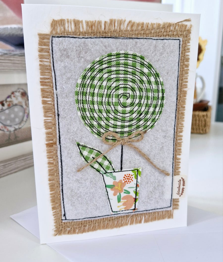 Flower in a Pot Easter Holidays Birthday Card Free Motion Embroidery Textile Art