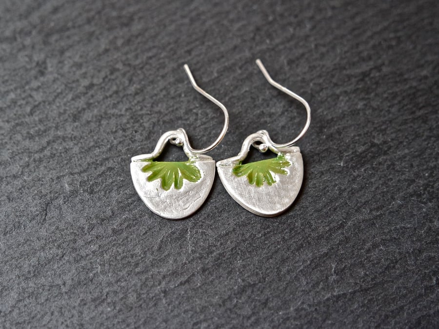 Fine Silver Earrings - semicircle flowers olive green