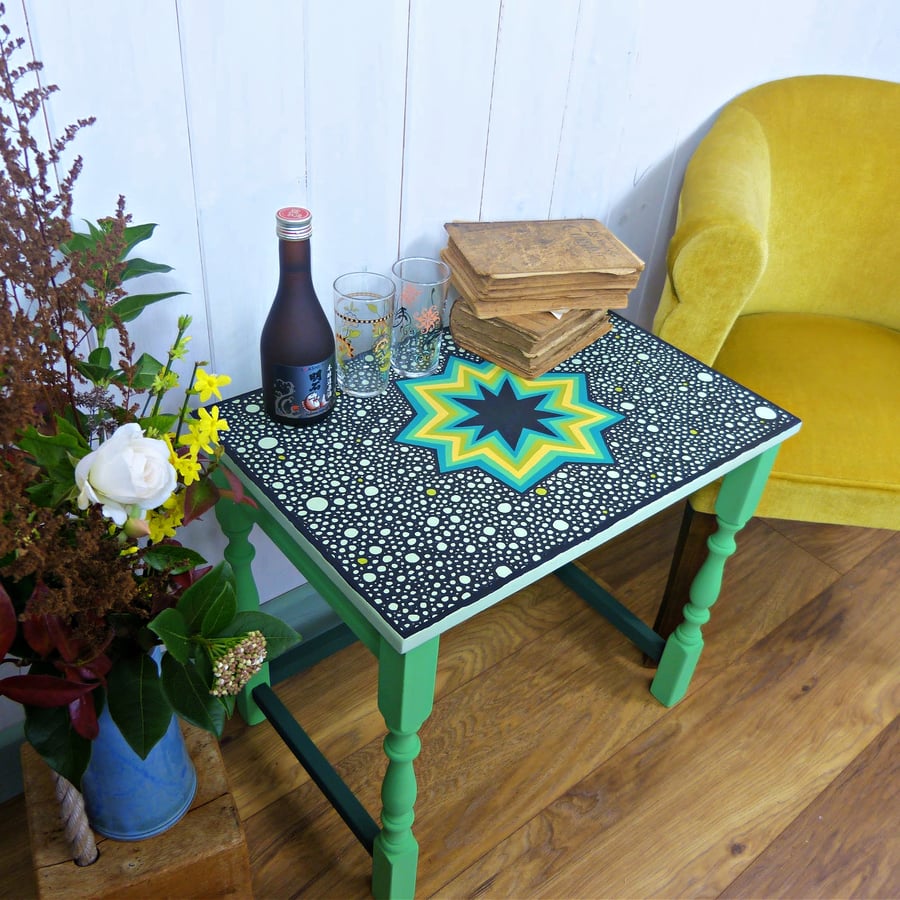 Vibrant hand painted coffee table with unique star design