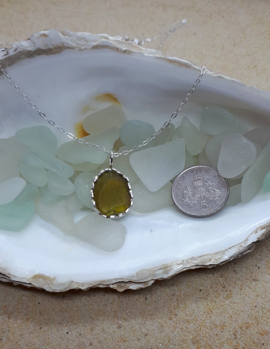 Olive yellow sea glass pendant - Seconds Sunday 