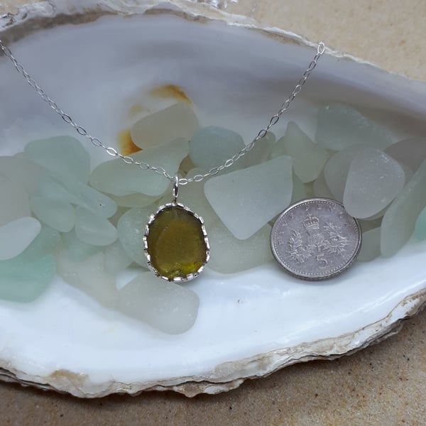 Olive yellow sea glass pendant
