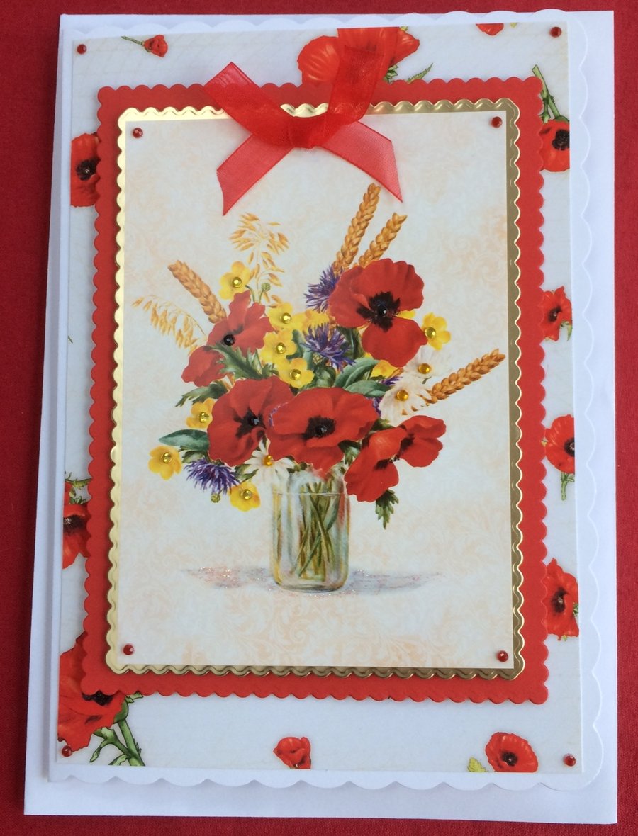 Red Poppy Card Poppies in Vase Any Occasion 3D Luxury Handmade Card