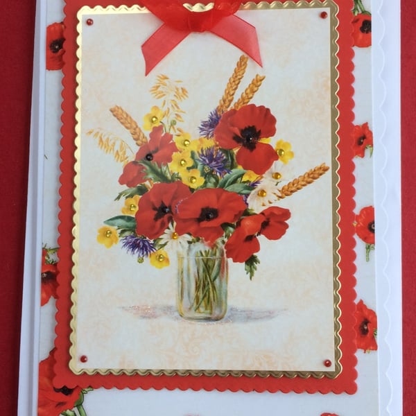 Red Poppy Card Poppies in Vase Any Occasion 3D Luxury Handmade Card