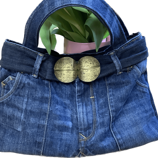Denim handbag. Created from original pair of jeans with decorative belt.