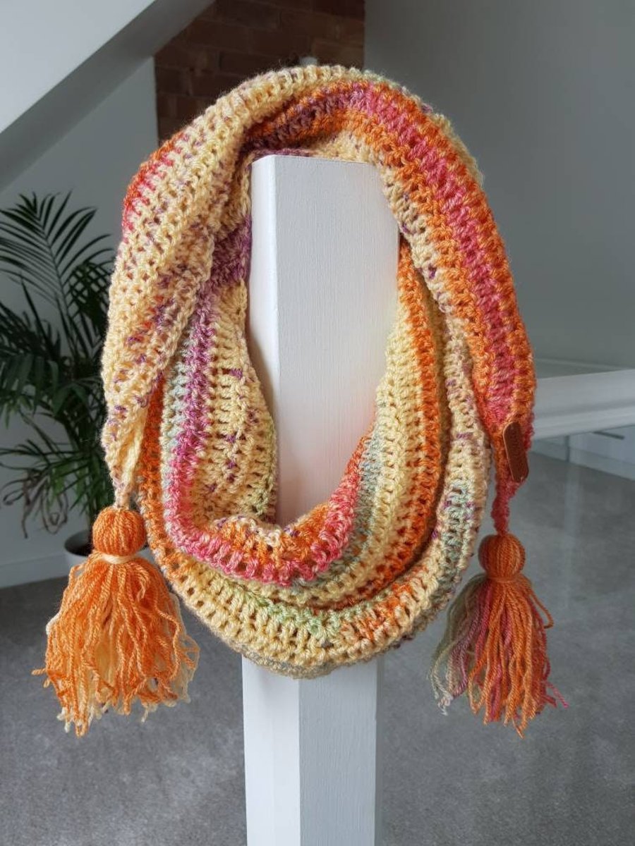 Orange and Yellow Crochet Scarf, Handmade Boho Shawl, Colourful Tassel Cowl
