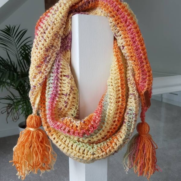 Orange and Yellow Crochet Scarf, Handmade Boho Shawl, Colourful Tassel Cowl